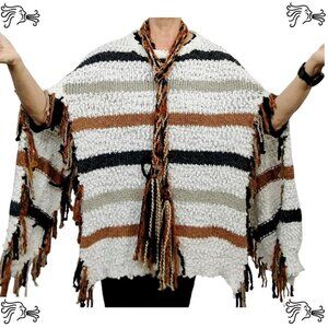 Upcycled Black White Orange Sweater Poncho Handknotted Fringe